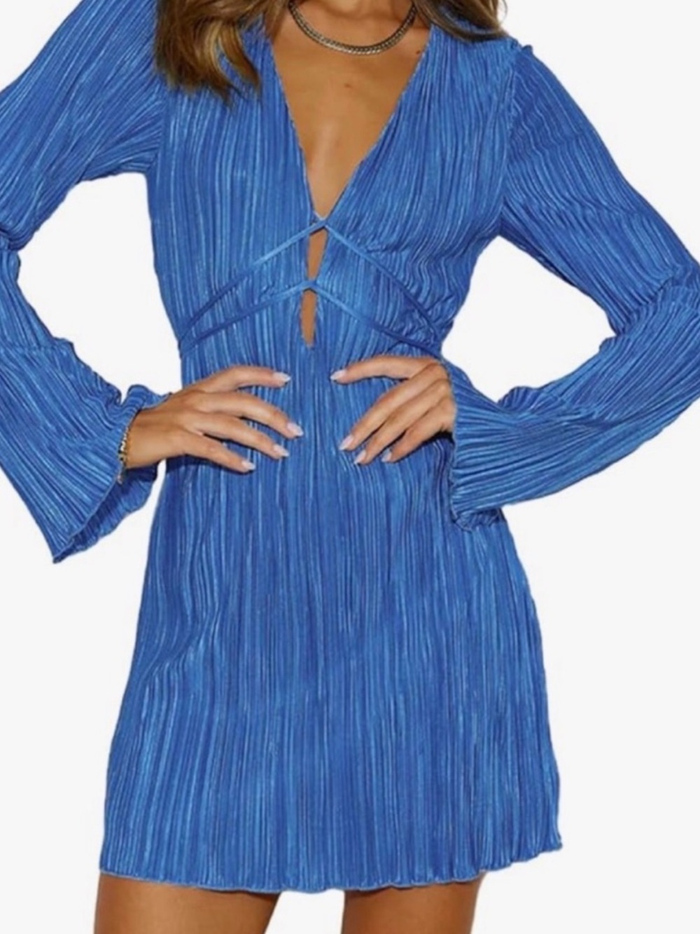 Blue Plissé V-Neck Mini Dress